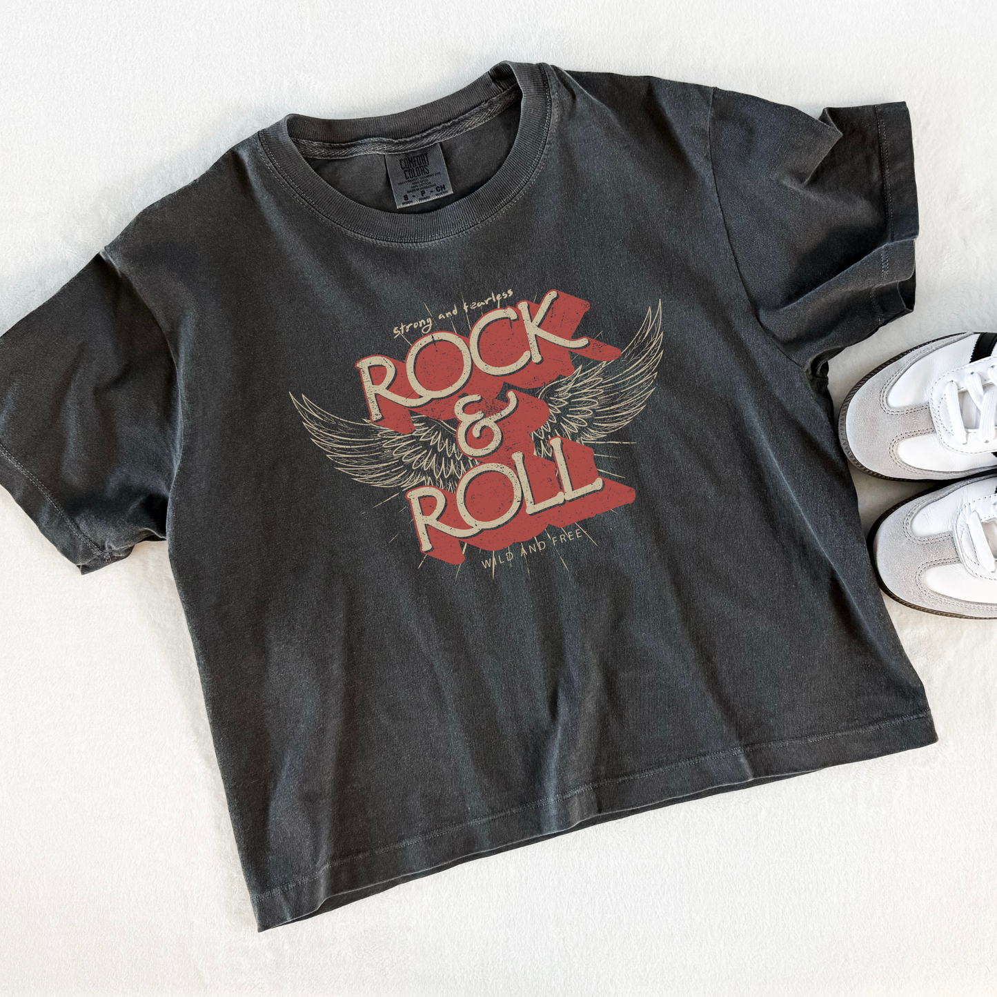 Rock & Roll graphic cropped t-shirt in vintage black Comfort Colors boxy fit with winged rock design
