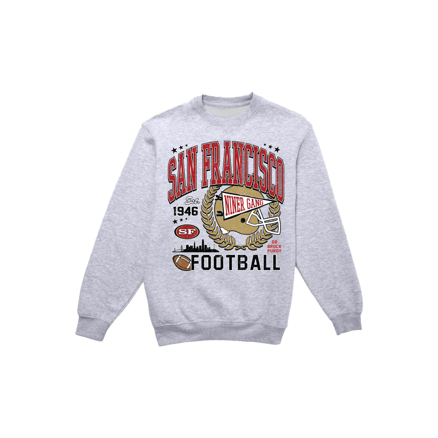Heather gray San Francisco football sweatshirt with vintage red and gold game day graphic
