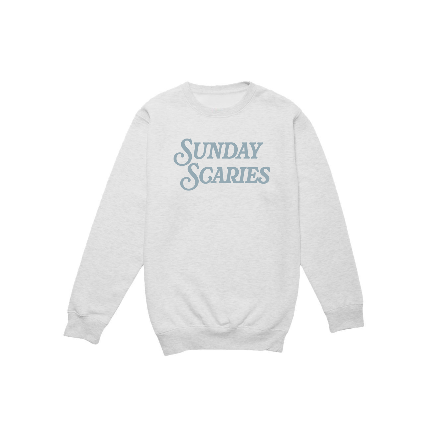 Ash grey Sunday Scaries fleece sweatshirt mockup with soft blue retro text design