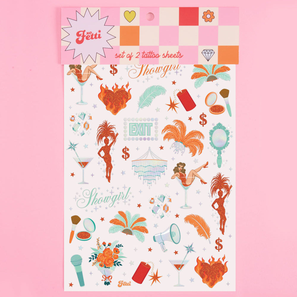 Sheet of Showgirl-themed tattoos on a pink background