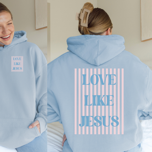 Light blue Christian hoodie with striped block graphic front and back prints.