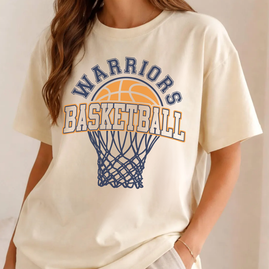 Ivory Warriors Basketball unisex school spirit t shirt with collegiate lettering and basketball hoop graphic