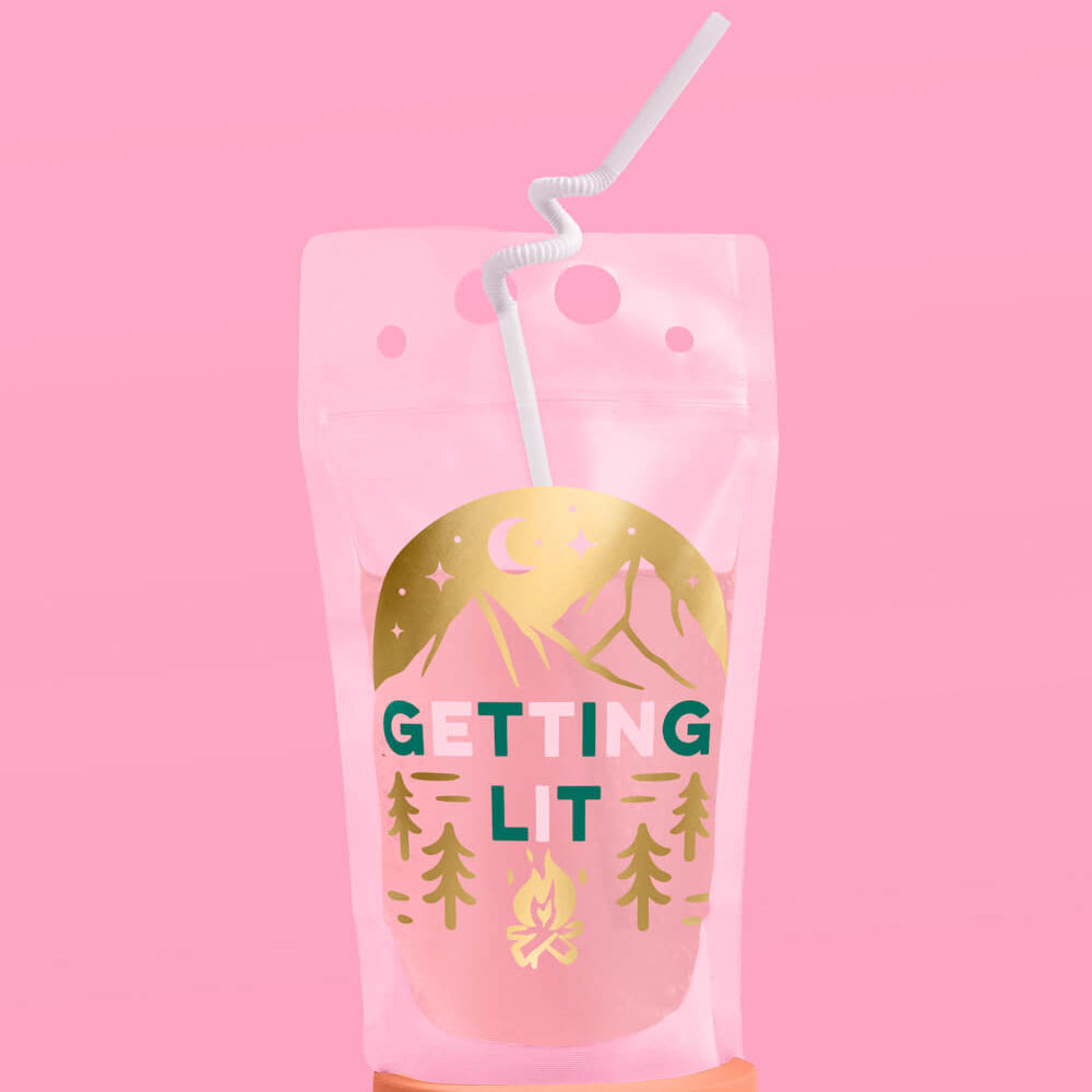 Pink reusable water bottle with gold and green text on a pink background