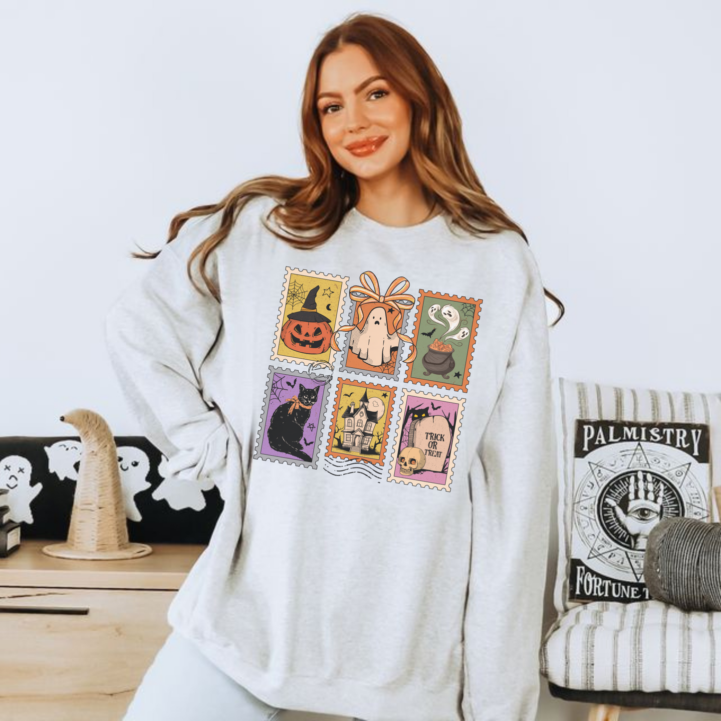 Halloween Stamps Crewneck Sweatshirt | Vintage Spooky Graphic Pullover