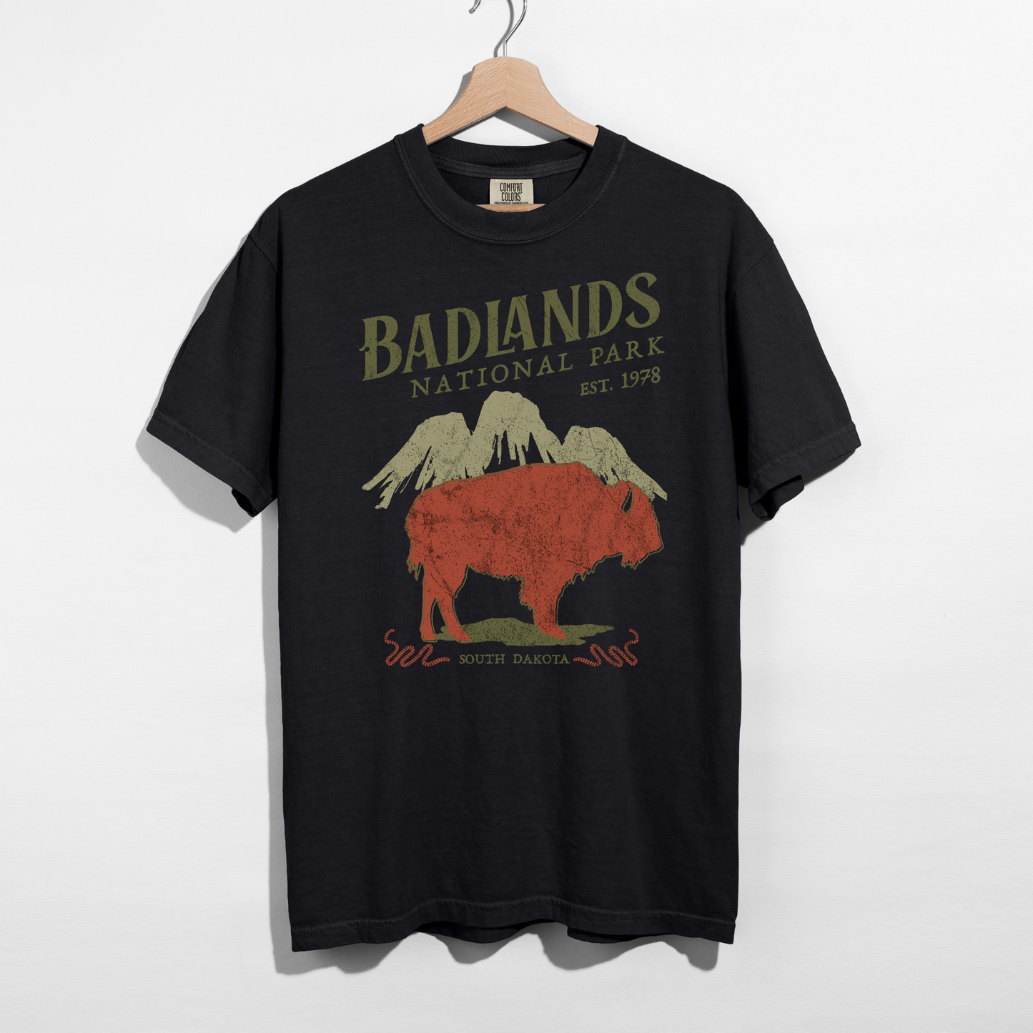 Black Badlands National Park bison graphic tee with vintage national park artwork