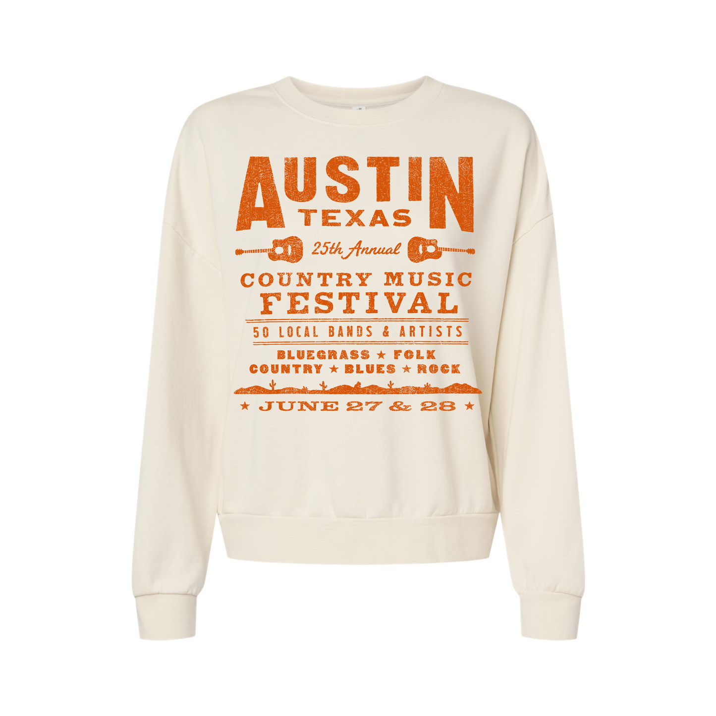 Austin Texas Country Music Festival western graphic sweatshirt front product image on bone Wave Wash crewneck