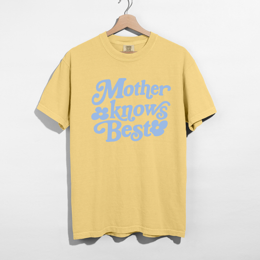 Mother Knows Best vintage style graphic on butter yellow Comfort Colors t-shirt