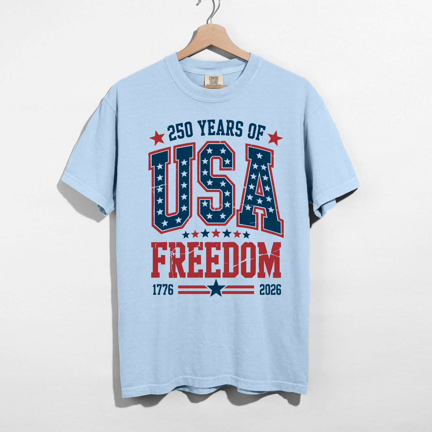 Chambray blue 250 Years of USA Freedom 1776-2026 vintage patriotic graphic t-shirt