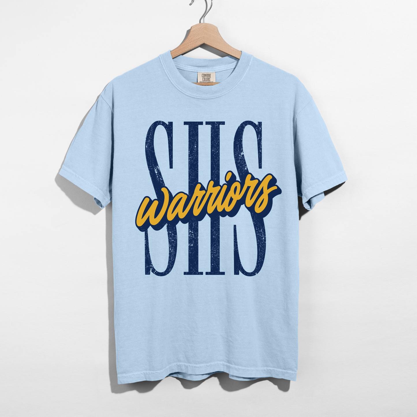 Chambray blue SHS Warriors graphic tee featuring distressed navy SHS lettering and gold Warriors script for Sterling Warriors school spirit.