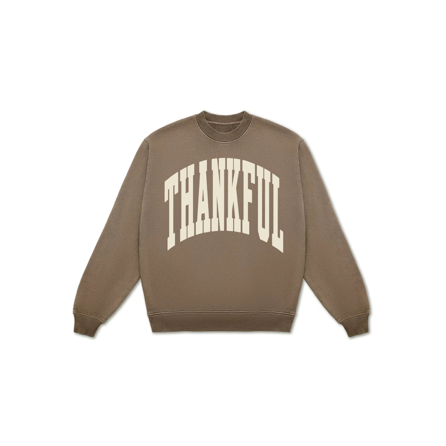 Image 1: Thankful oversized heavyweight brown crewneck sweatshirt with cream collegiate graphic