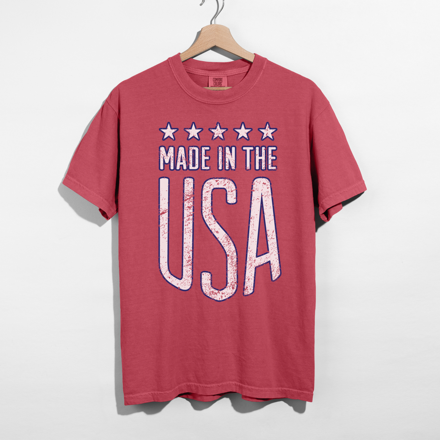 Brick red Made in the USA t-shirt on hanger retro American graphic shirt unisex summer patriotic tee