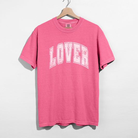 Pink LOVER graphic tee on hanger – oversized Valentine’s Day shirt
