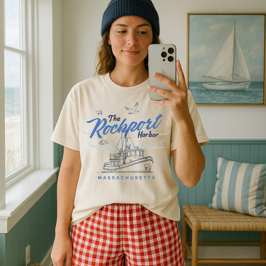 Rockport Harbor Massachusetts graphic tee styled on model near the coast