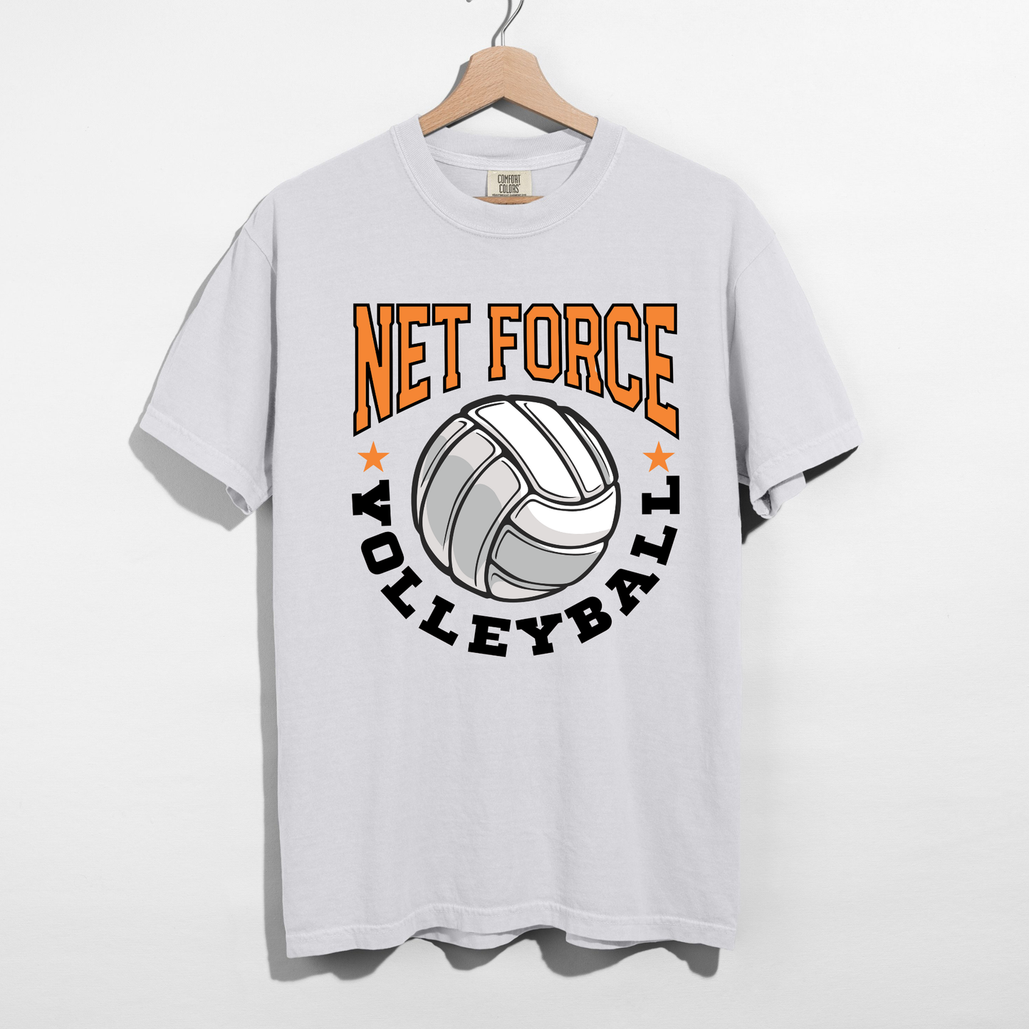 White Net Force Volleyball t-shirt with varsity volleyball graphic