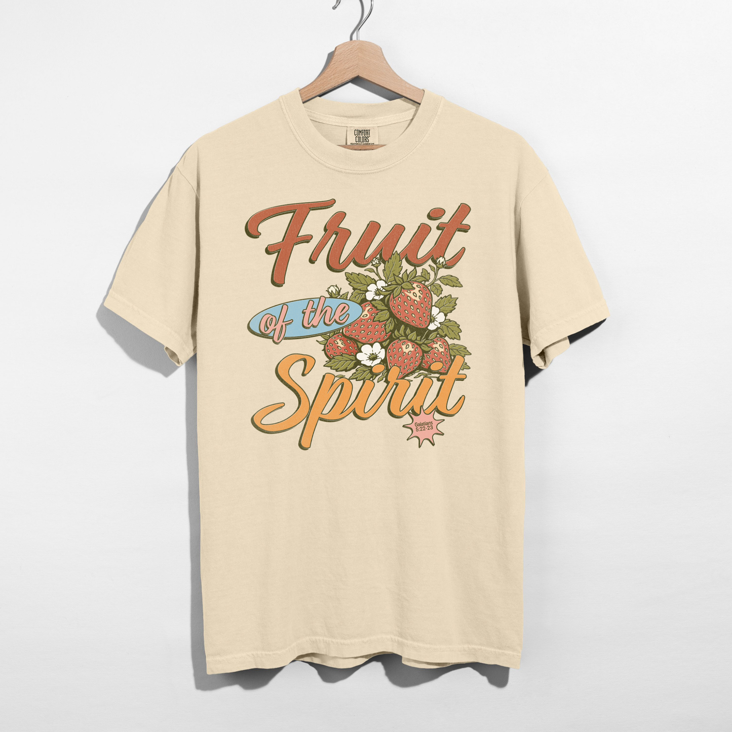 fruit of the spirit christian strawberry graphic tee galatians 5:22-23 vintage faith shirt ivory comfort colors christian apparel