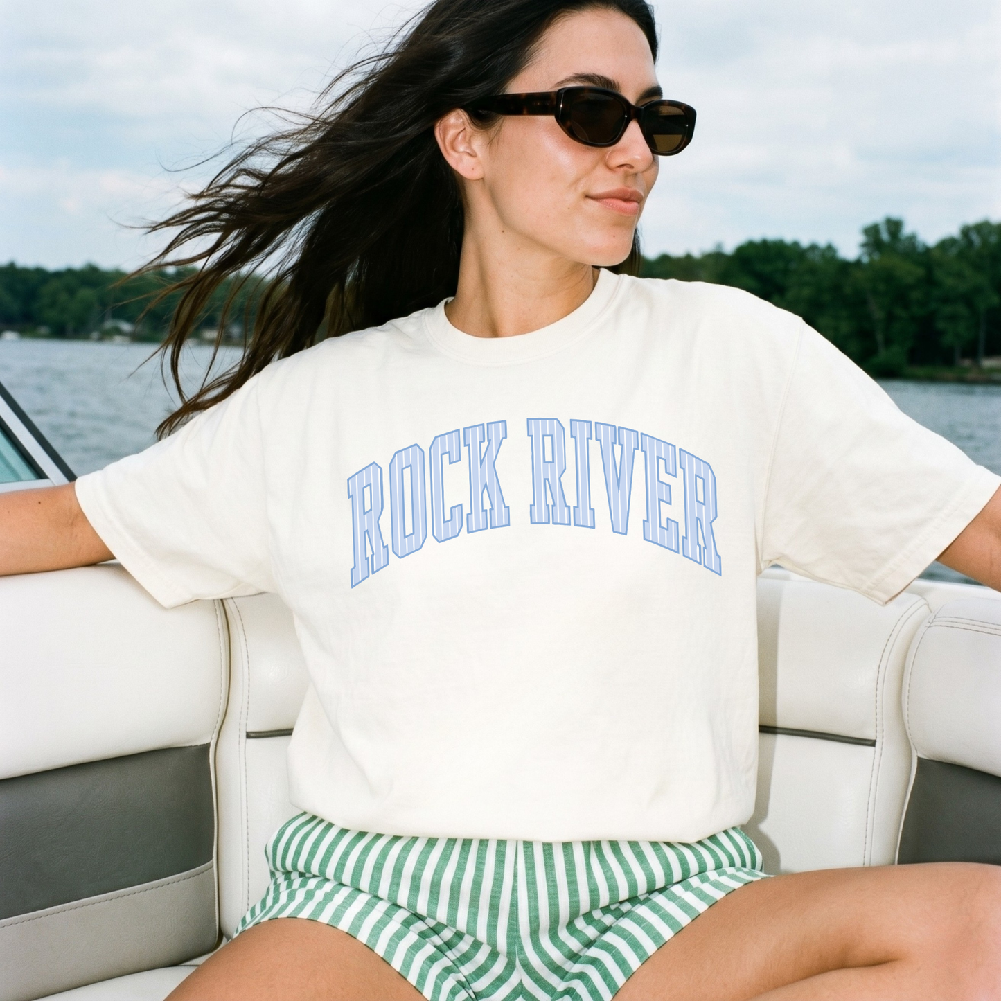 Rock River striped graphic tee ivory preppy lake life outfit woman boat