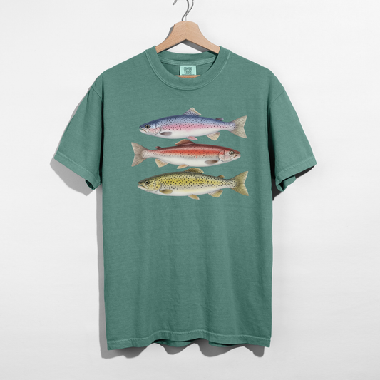 Light green outdoor graphic tee featuring three detailed trout fish illustrations