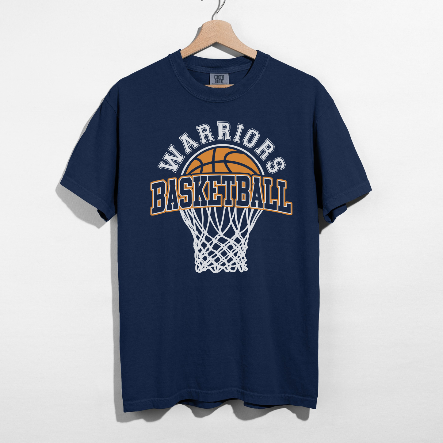 Navy Warriors Basketball unisex graphic t shirt with bold basketball hoop design on hanger