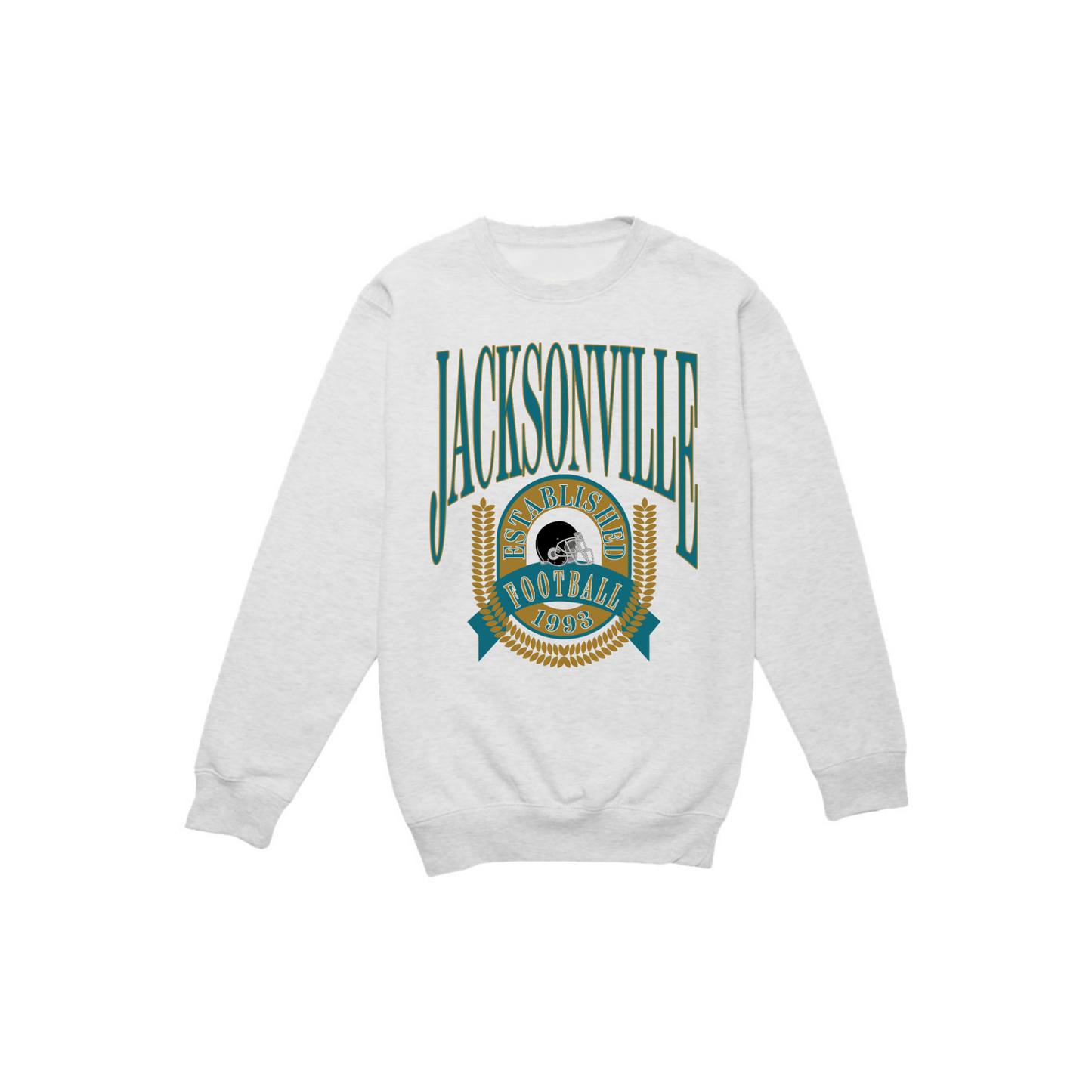 Heather gray Jacksonville football crewneck with teal gold established football 1993 vintage graphic