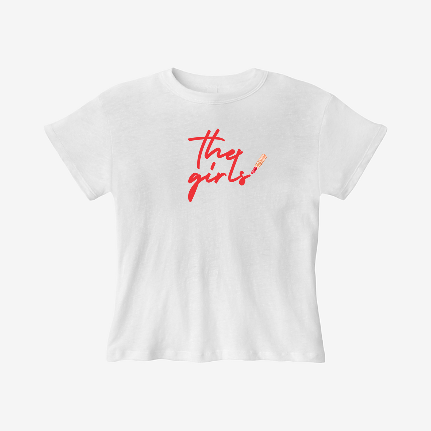 White crop tee with red The Girls script graphic