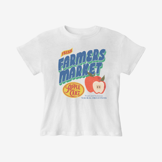 Fresh Farmers Market apple graphic tee for women featuring vintage fruit market design on white cropped baby tee