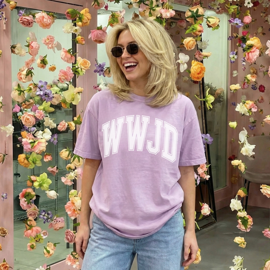 Lavender WWJD unisex graphic tee with relaxed fit
