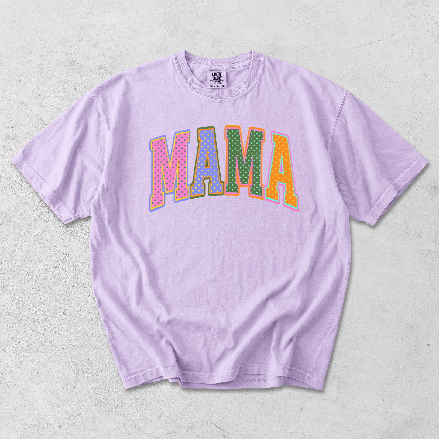 Orchid purple Comfort Colors mama graphic tee with oversized colorful mama graphic design