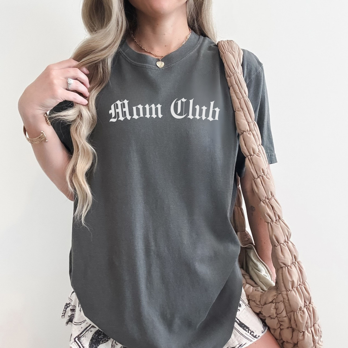 Mom Club graphic tee worn by model styled casually for everyday mom life
