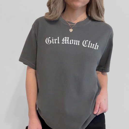 Girl Mom Club graphic t-shirt in washed charcoal gray with relaxed unisex fit