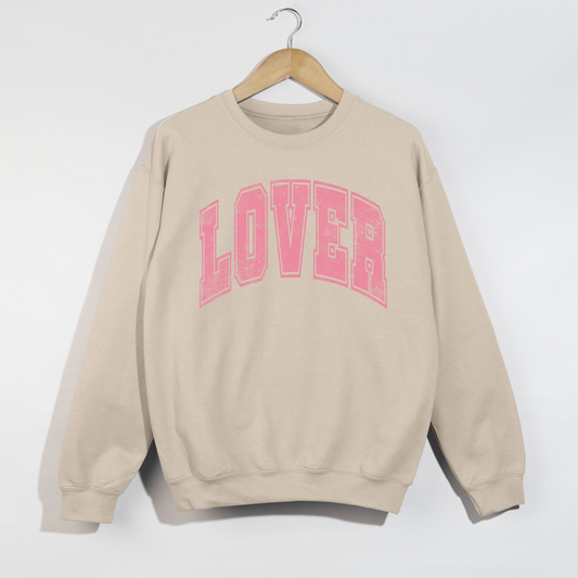 Ash Grey LOVER sweatshirt on hanger with soft fleece crewneck design