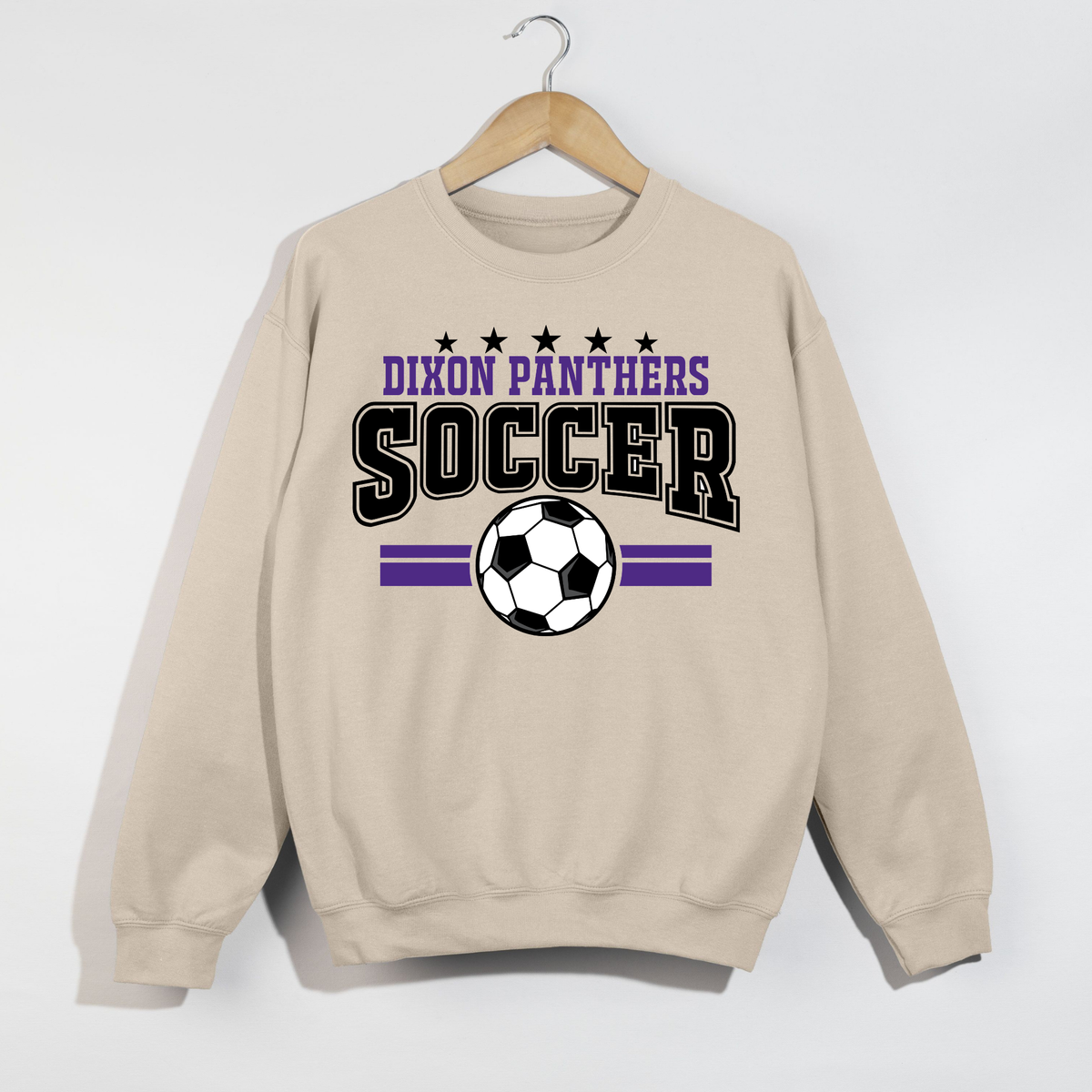 Sand Dixon Panthers soccer crewneck sweatshirt with varsity stars and soccer ball graphic