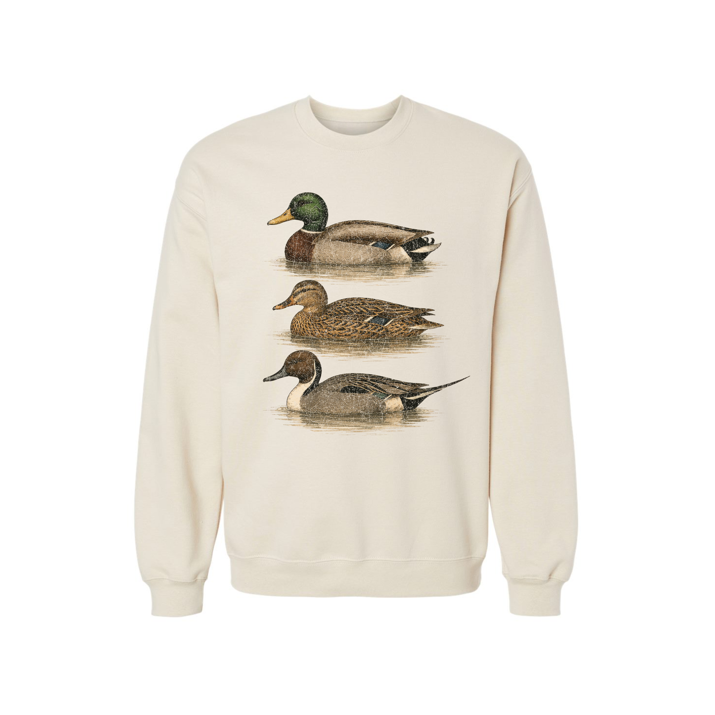 Sand vintage waterfowl sweatshirt with three duck illustrations in earthy neutral colors