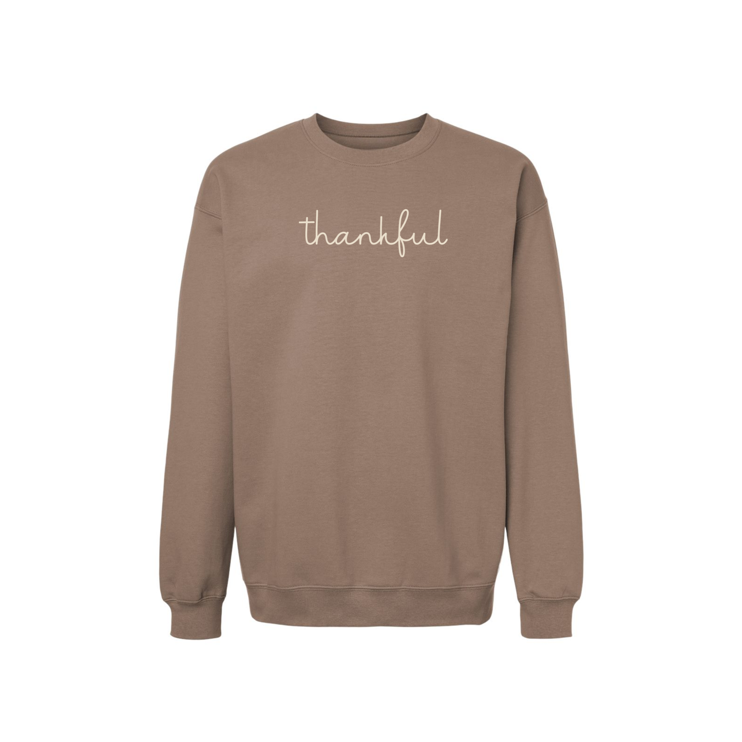 savana brown Thankful script crewneck sweatshirt with minimalist cream handwritten graphic for fall