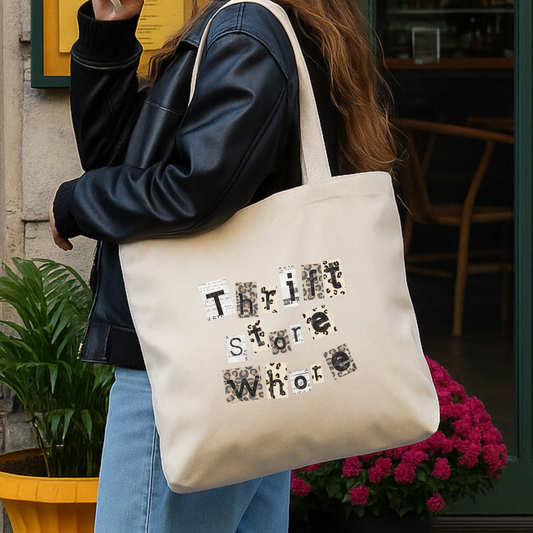 Woman carrying canvas tote bag with Thrift Store Whore graphic text while walking outdoors