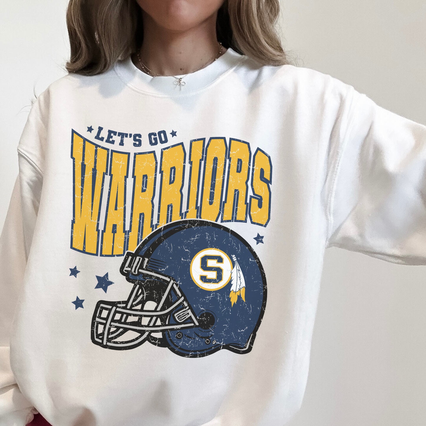 Let’s Go Warriors Football Helmet Sweatshirt | Sterling High School Game Day Crewneck