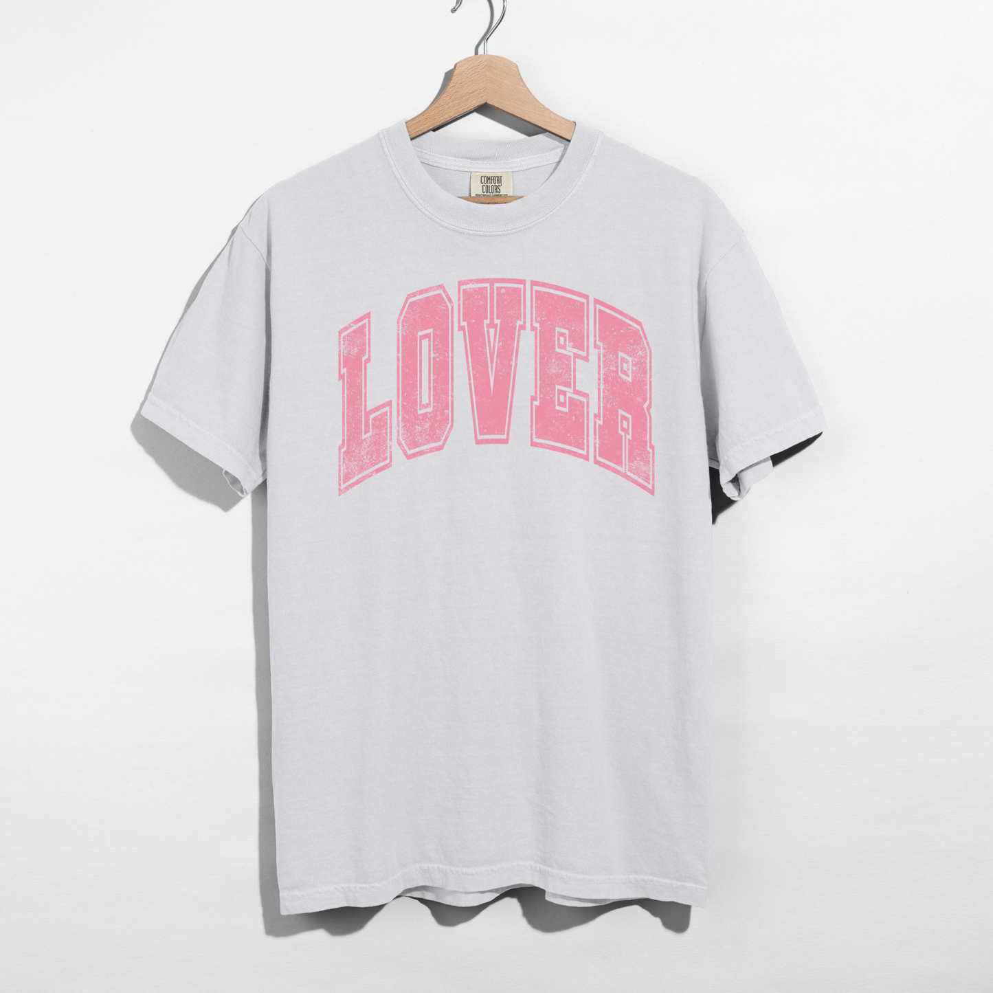 White Comfort Colors Lover graphic tee flat lay with vintage pink print
