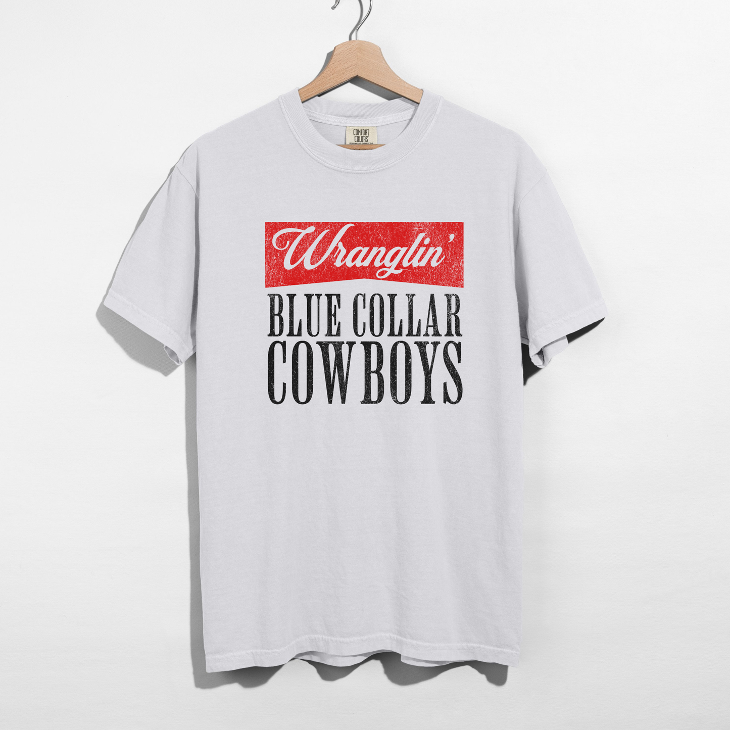 White western graphic t-shirt with red and black Wranglin’ Blue Collar Cowboys design