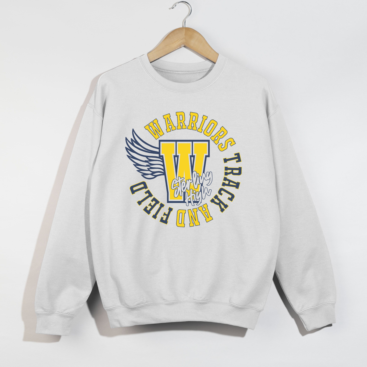 White sweatshirt with 'Warriors Track and Field' design on a white background