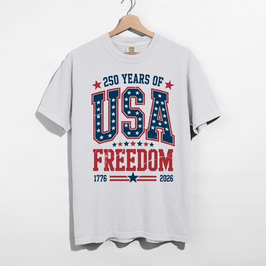 White America 250 anniversary patriotic t-shirt with red white blue varsity lettering