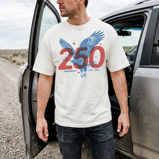 Man wearing white America 250 eagle graphic tee outdoors patriotic anniversary shirt
