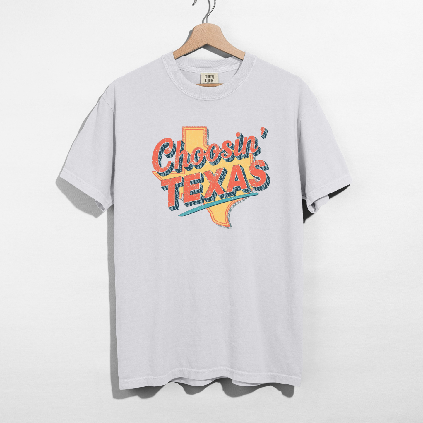 White Choosin Texas retro western graphic t-shirt with Texas silhouette design