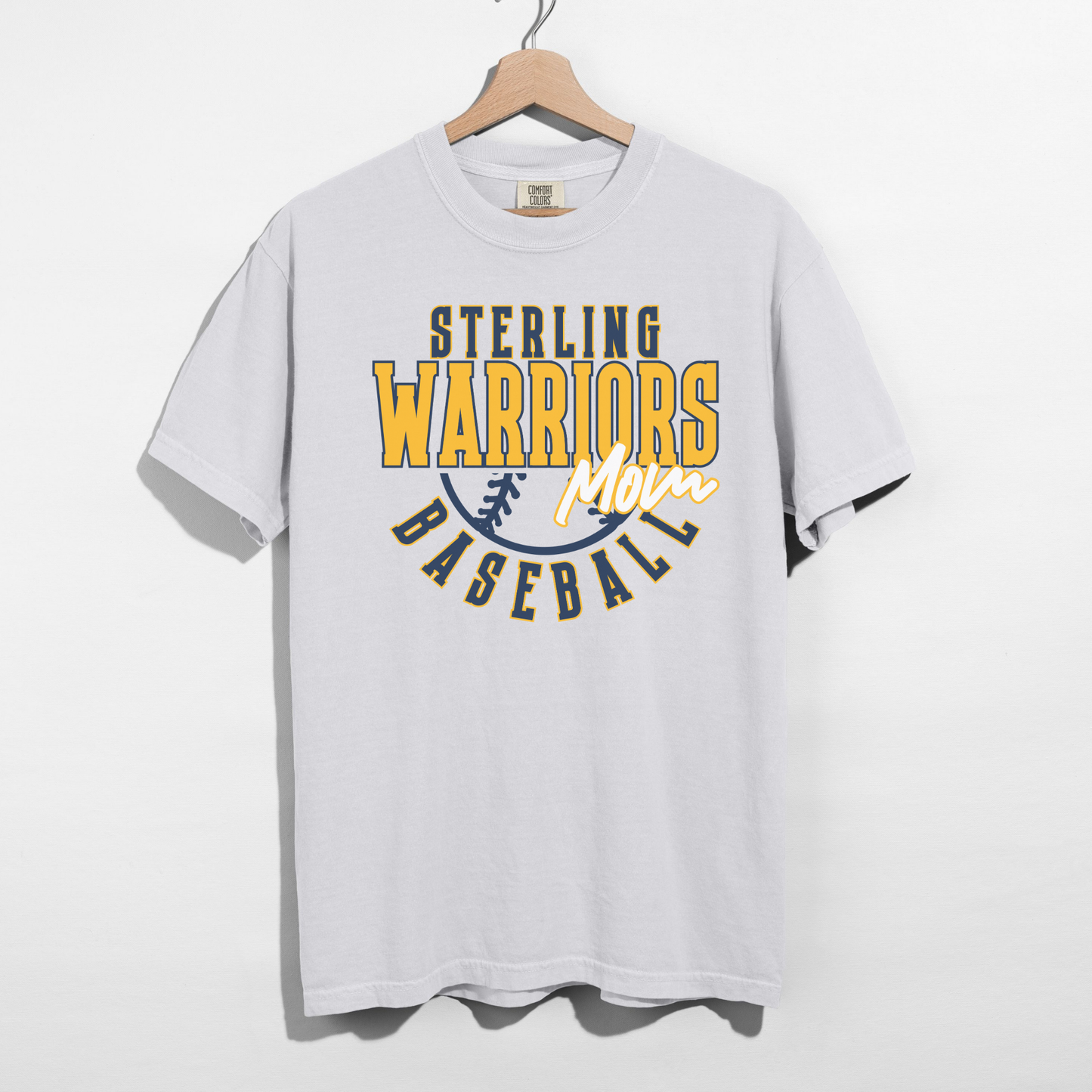Sterling Warriors Baseball Mom white t-shirt on hanger clean product image with bold baseball mom graphic