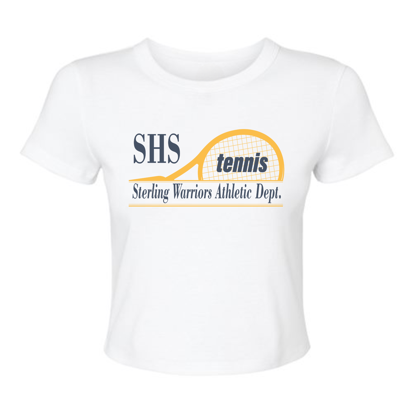 White women’s baby rib cropped tee with SHS Sterling Warriors Tennis logo design.