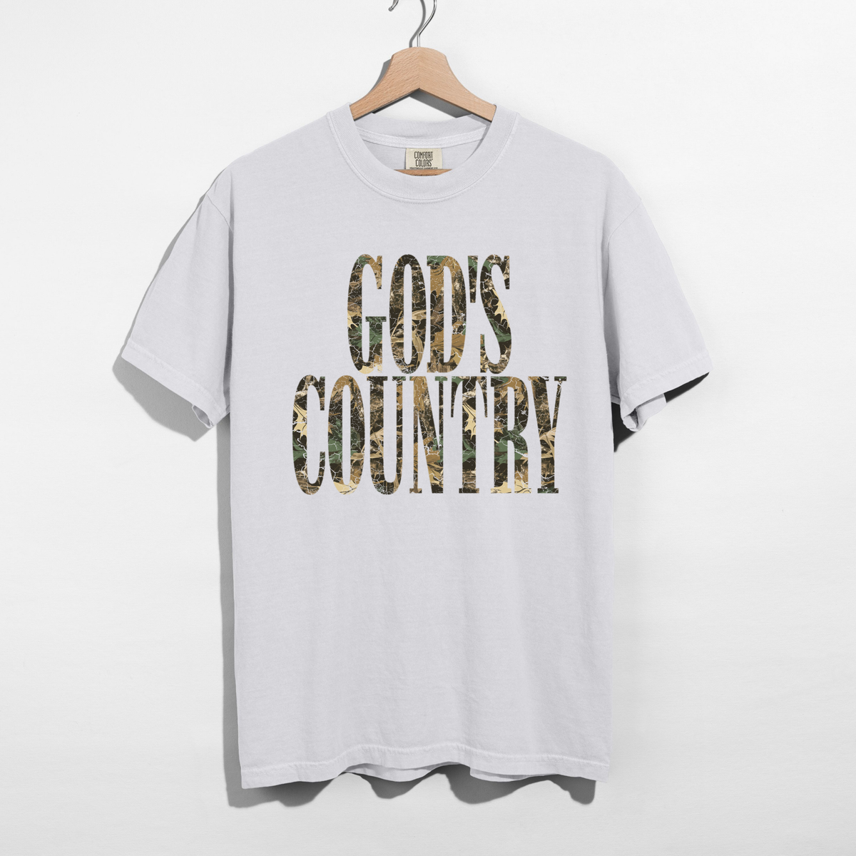 White God’s Country graphic tee with woodland camouflage lettering country western shirt