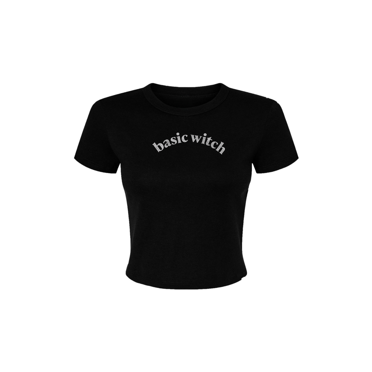 Black fitted baby tee featuring a distressed white "Basic Witch" Halloween graphic on a white background.