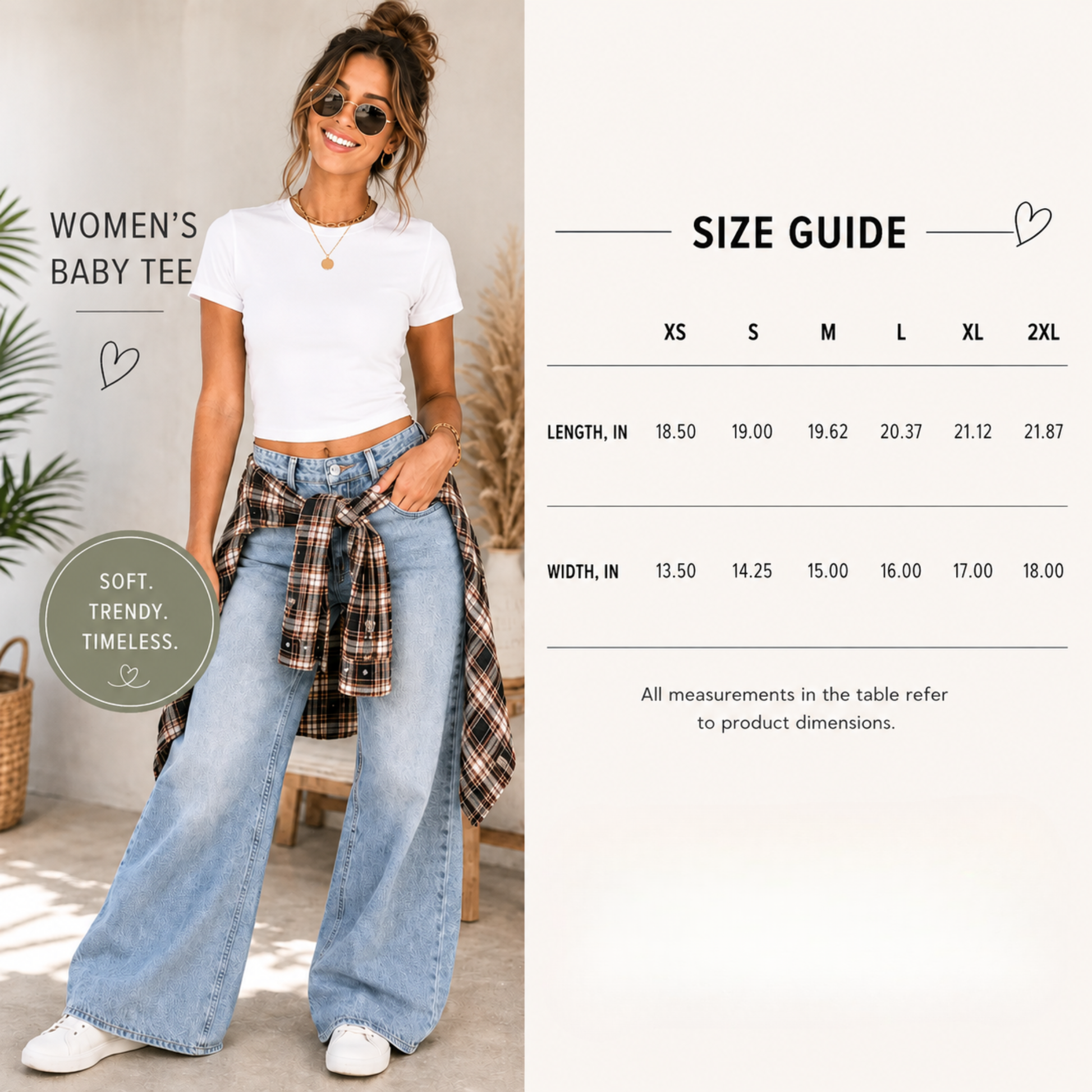 Women's white fitted baby tee size chart showing body length and chest width measurements.