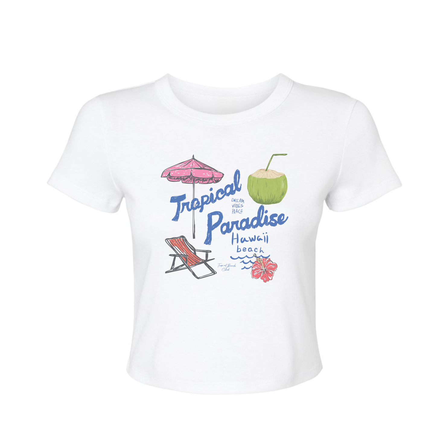 White fitted micro rib baby tee with tropical paradise Hawaii beach graphic design