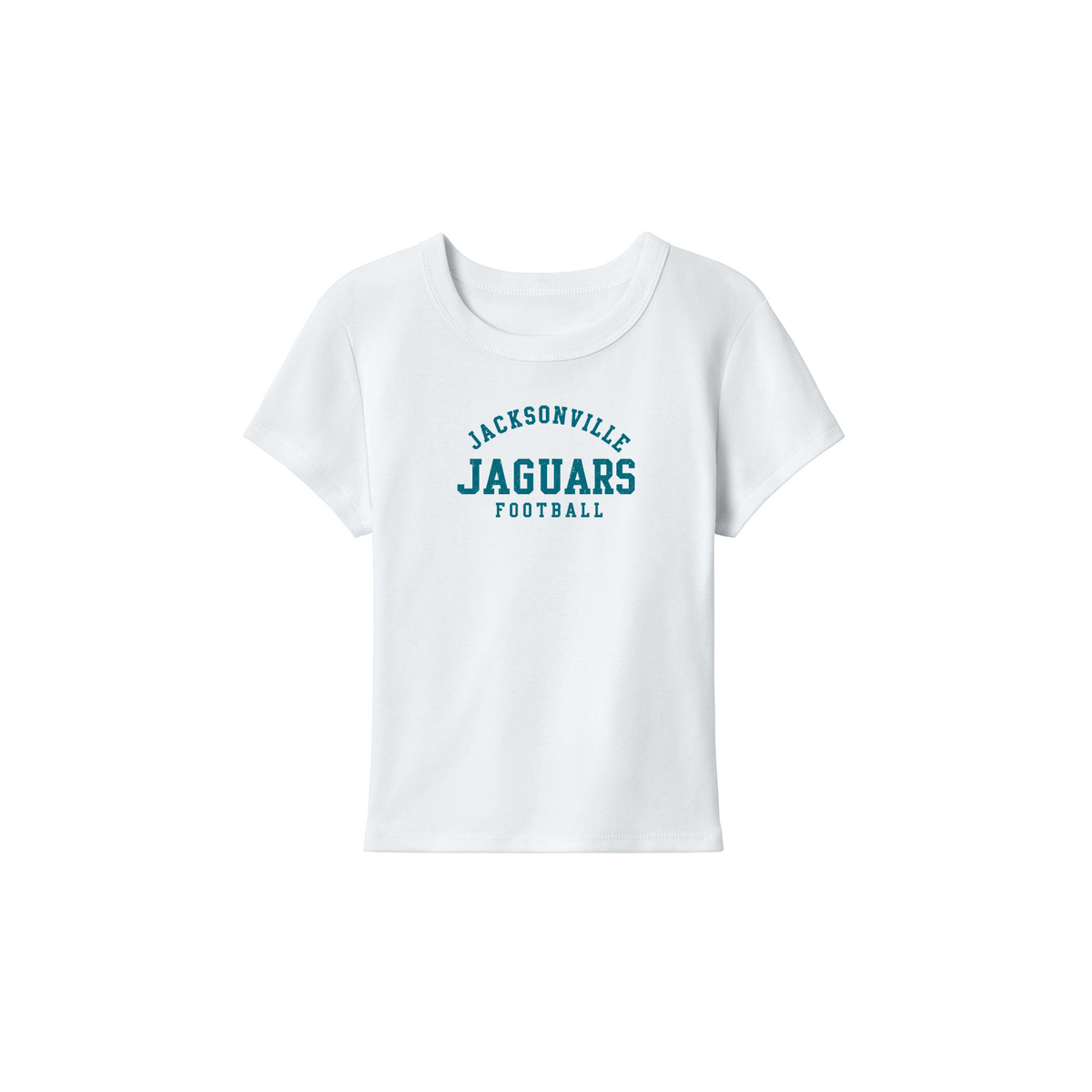 White Jacksonville Jaguars Football baby tee with teal vintage collegiate football graphic