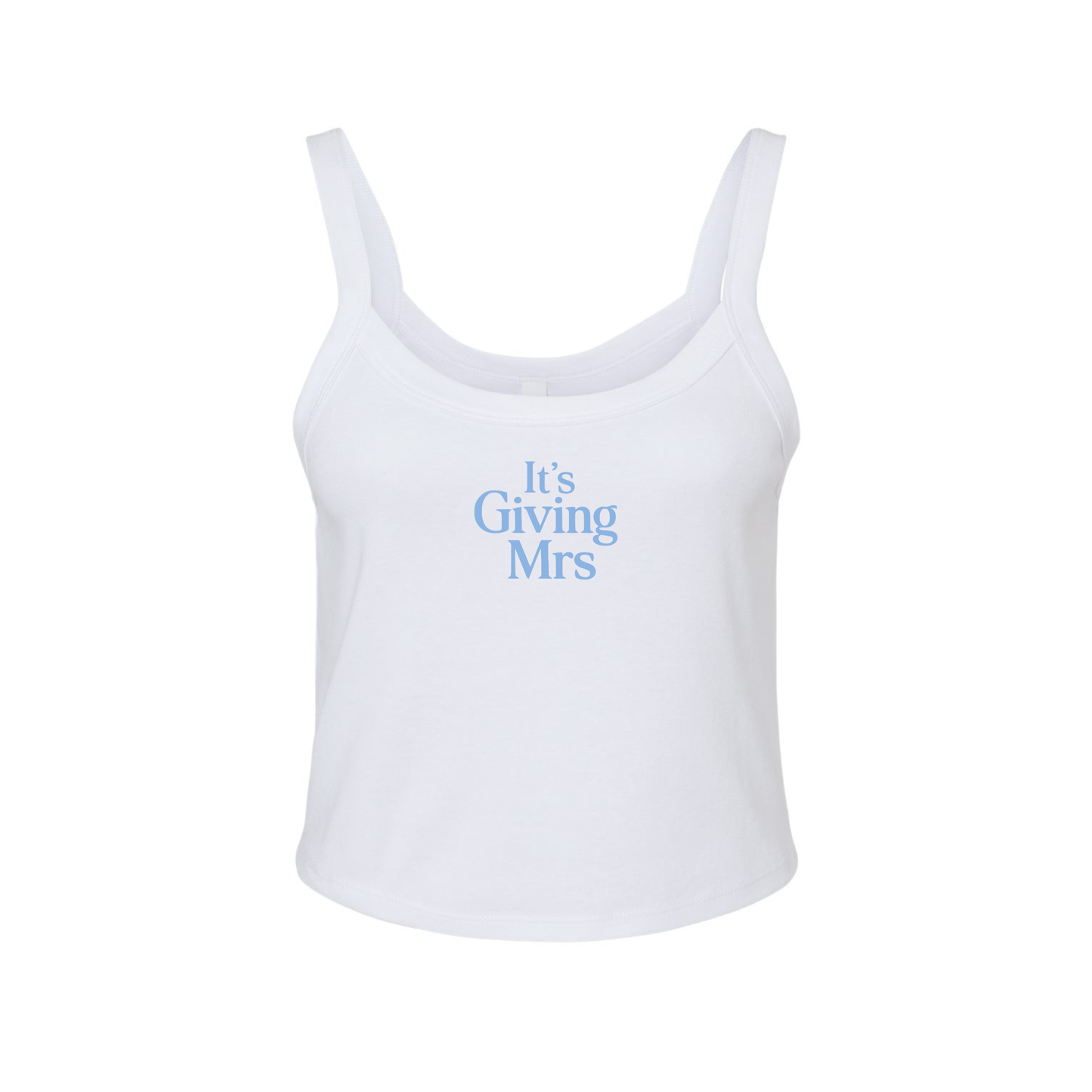White ribbed bridal crop tank with blue It’s Giving Mrs text on clean product mockup