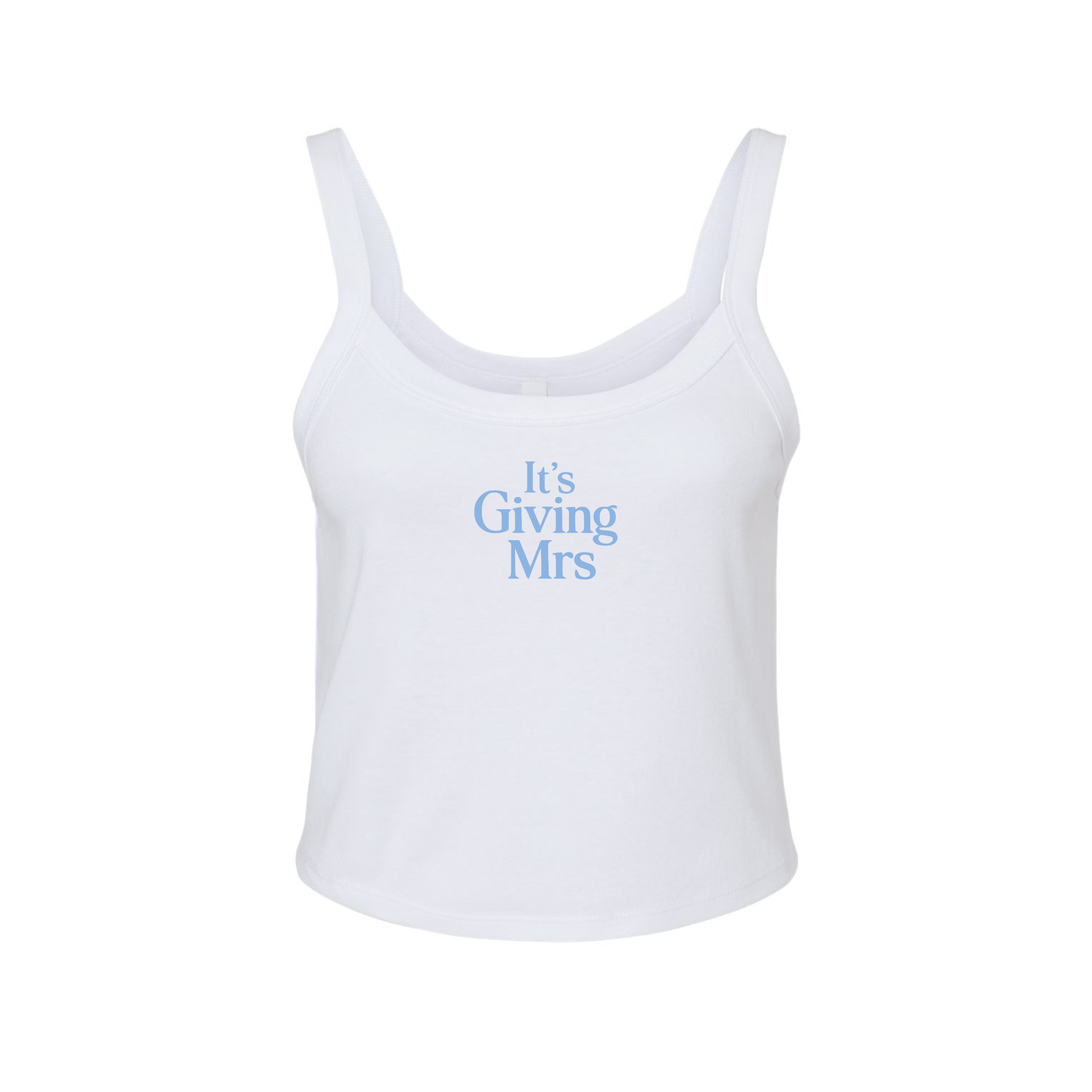 White ribbed bridal crop tank with blue It’s Giving Mrs text on clean product mockup
